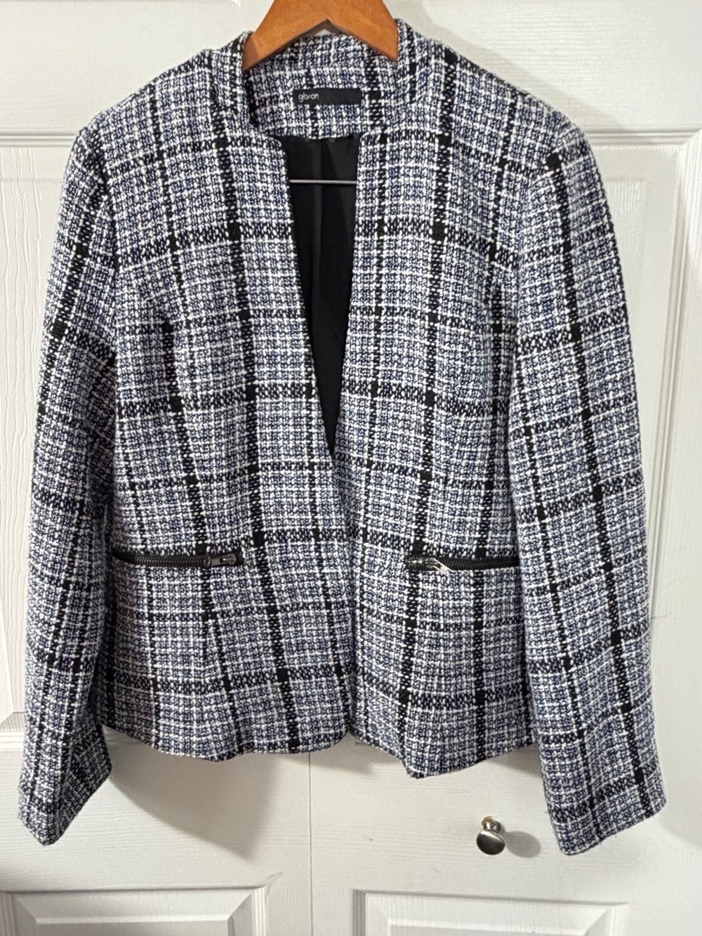 Gibson Plaid Textured Zip Pocket Blazer Blue Black Womens Large jacket
